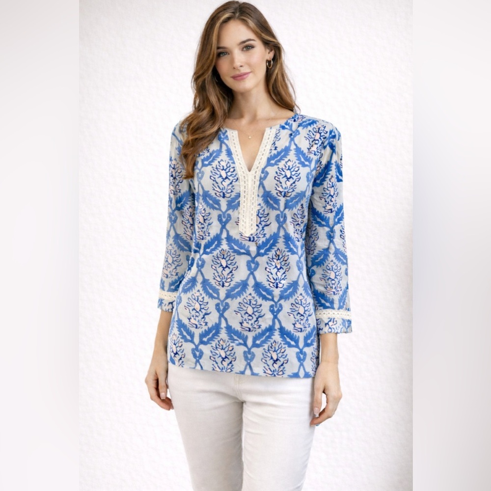 J McLaughlin Tunic Top Blue White L Large Cotton Embroidered